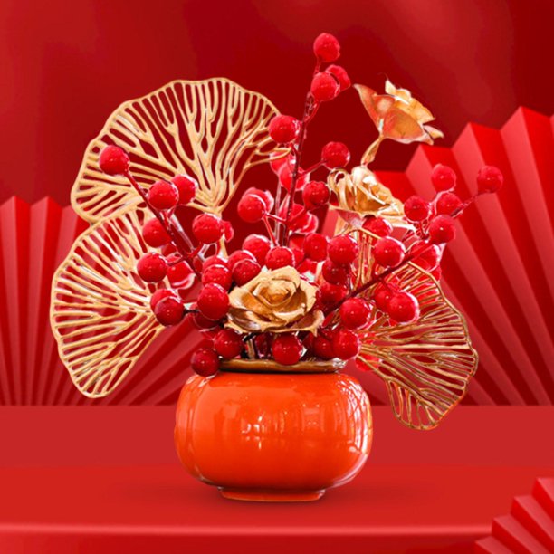 Decoración de año Nuevo Chino, centro de mesa de flores artificiales en maceta, decoración festiva, bendición decorativa para dormitorio, gabinete del Estilo A Macarena Cesta china