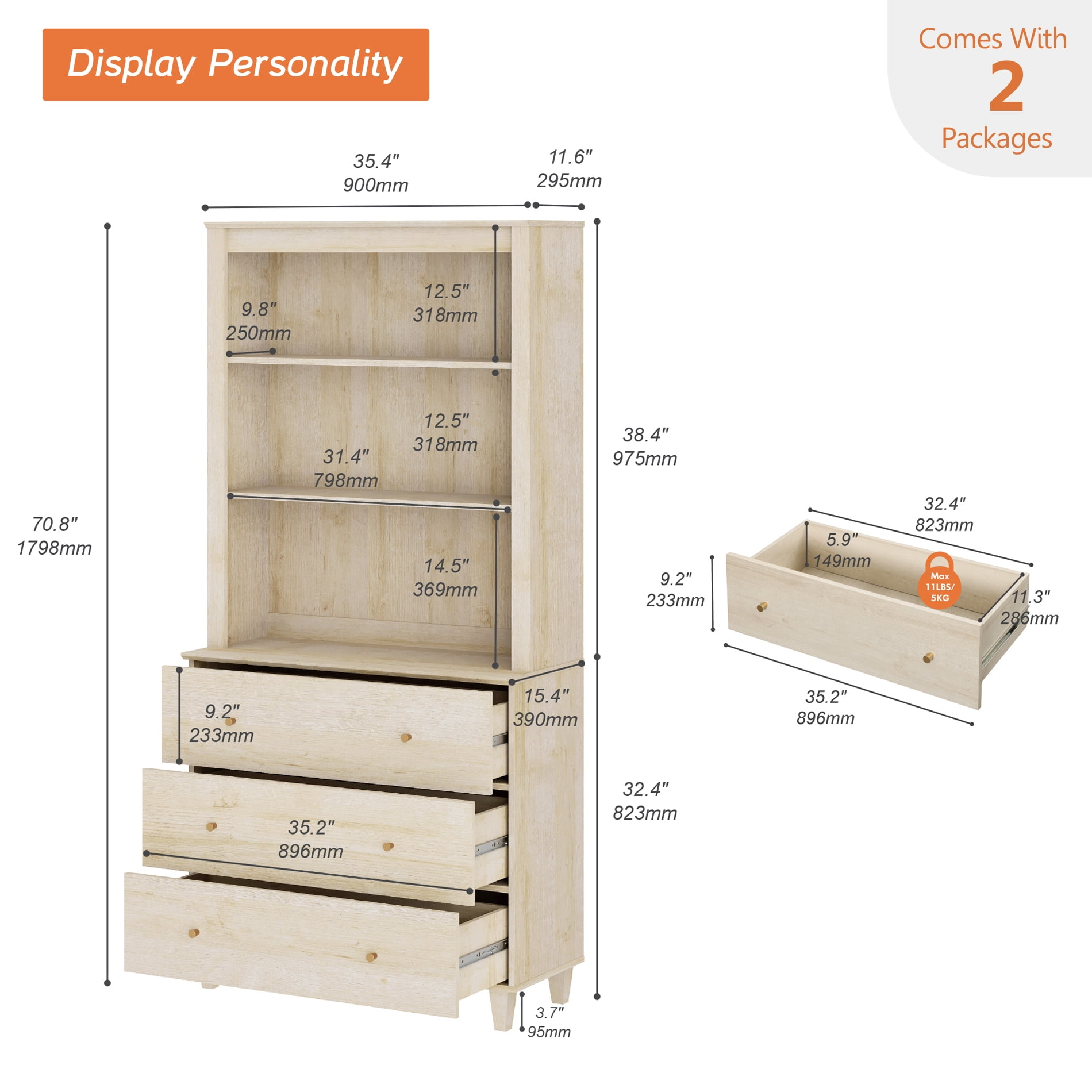WAMPAT Modern 71" Tall Pantry Cabinet with 3 Smooth-Glide Drawers & Adjustable Shelf for Dining Room, Natural Oak
