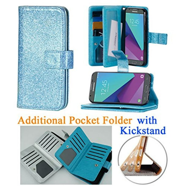 For 5 Samsung Galaxy J3 17 Emerge J3 Prime Case Phone Case Hybrid Folder Wallet Extra Pocket Stand Pouch Purse Screen Flip Cover Blue Walmart Com Walmart Com