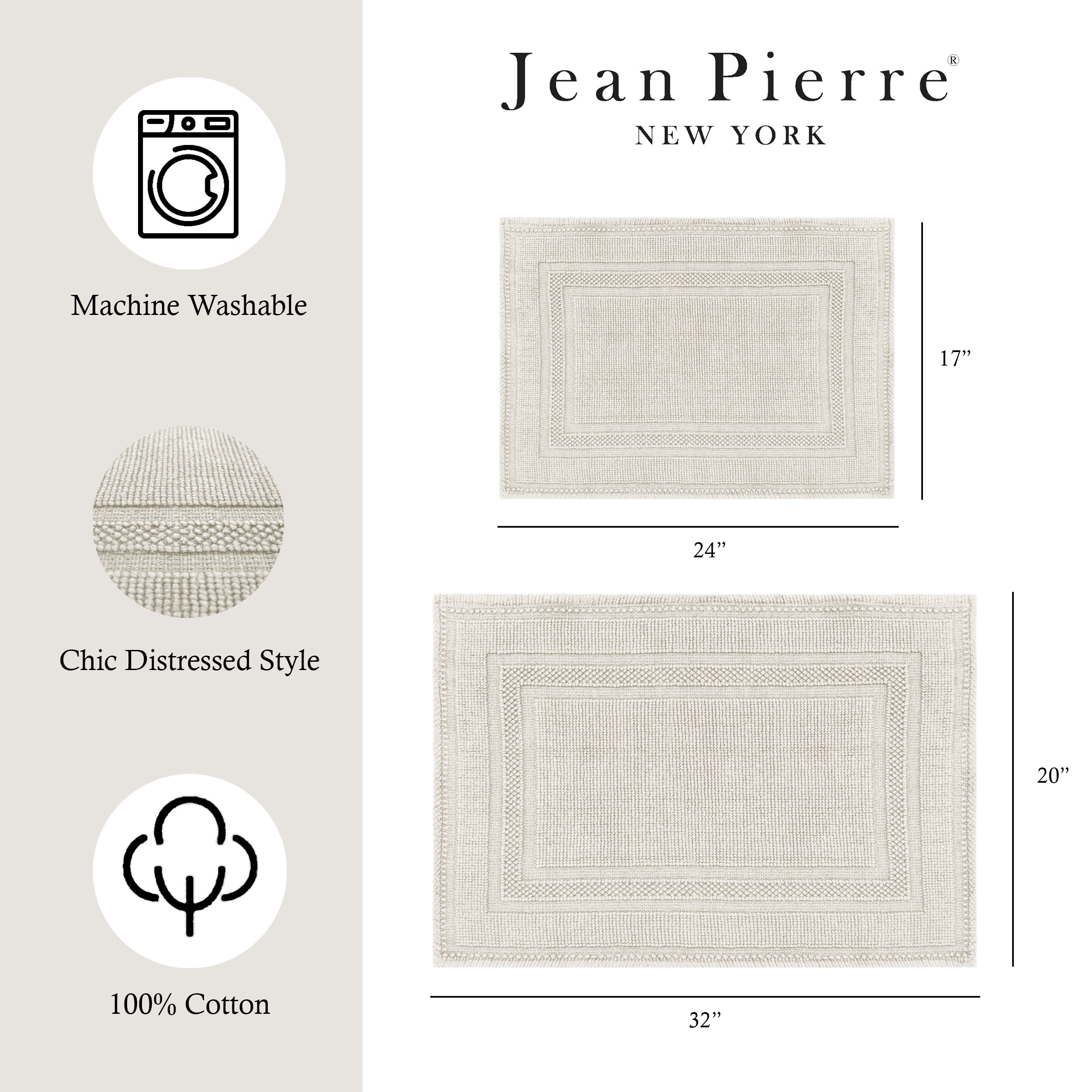 Jean Pierre Cotton Stonewash Racetrack 2-Piece Bath Rug Set, Lt Gray