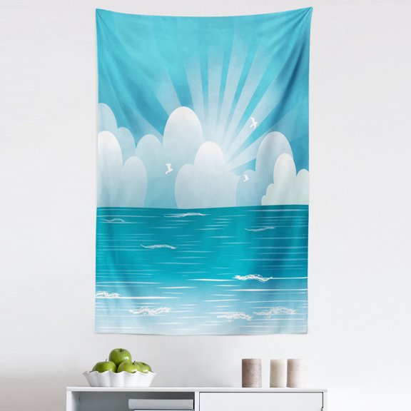 Cloud Tapestry, Calming Scene of Rising Sun and Flying Seagulls over the Ocean, Fabric Wall Hanging Decor for Bedroom Living Room Dorm, 5 Sizes, Azure Blue Pale Blue, by Ambesonne