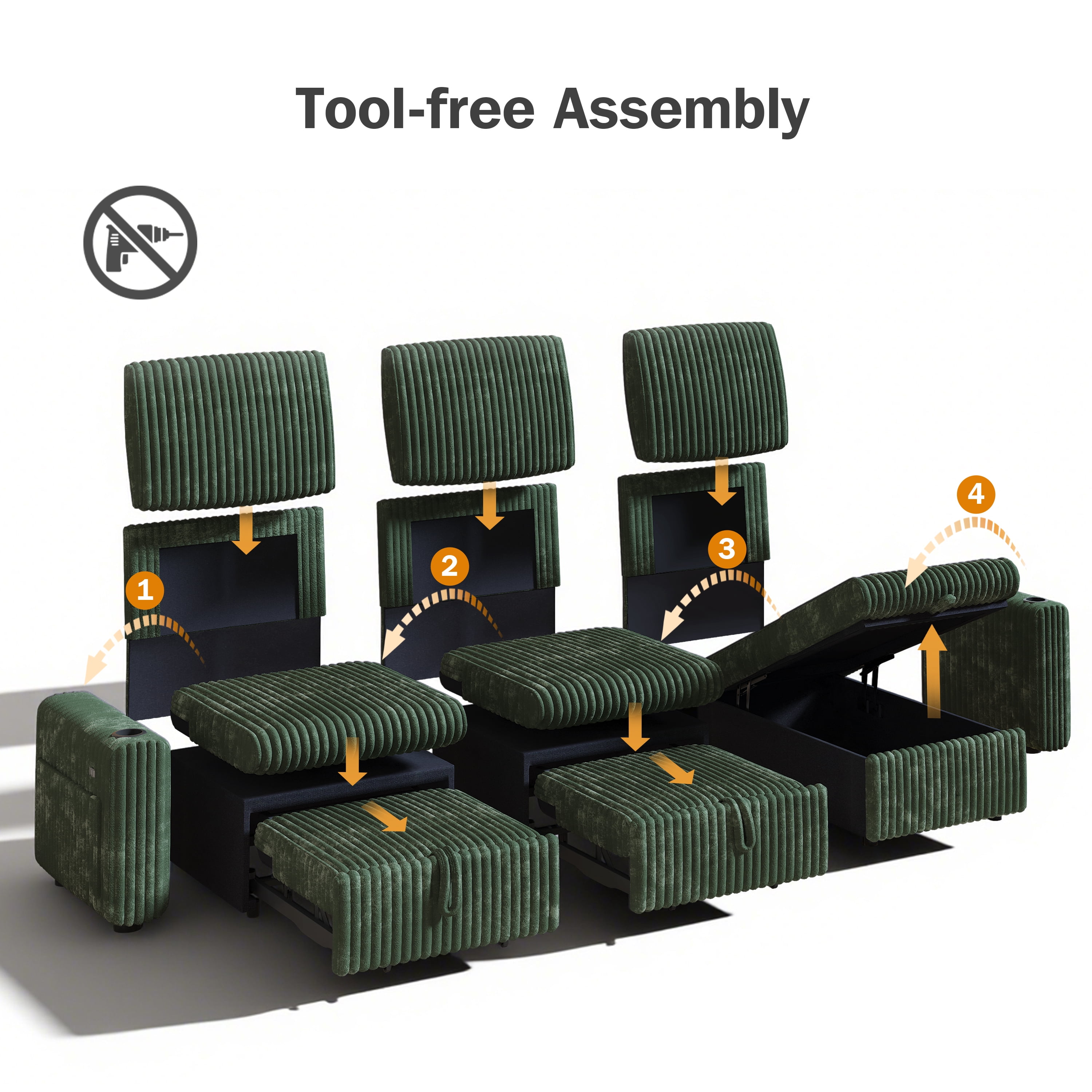 101” Detachable Mattress Sleeper Sofa with Pull-Out Mattress - L-Shaped Design, Adjustable Backrest + Reversible Storage Chaise, USB Ports/Cup Holders, Quick Assembly, Soft Green Corduroy