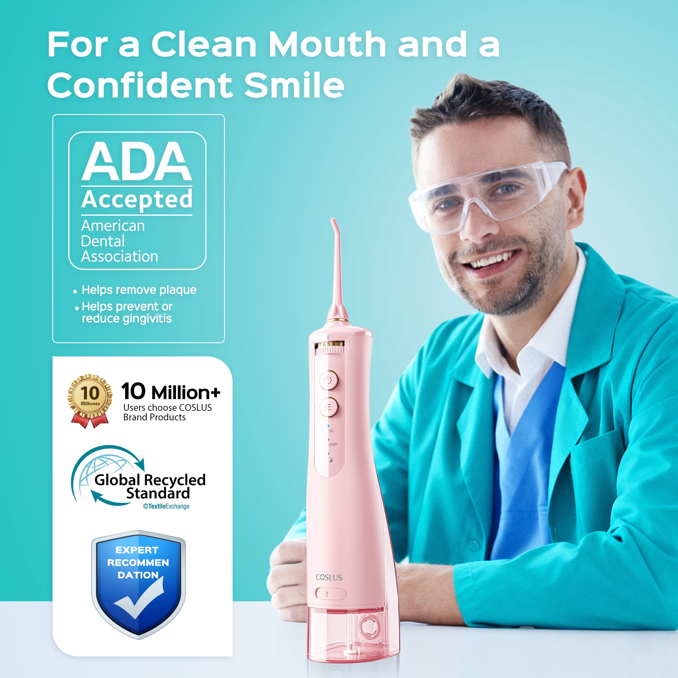 COSLUS E40 Portable Water Flosser for Teeth,ADA Accepted,Water Dental Flosser with 10 Pressure Settings,Rechargeable,Cordless, for Travel-Pink