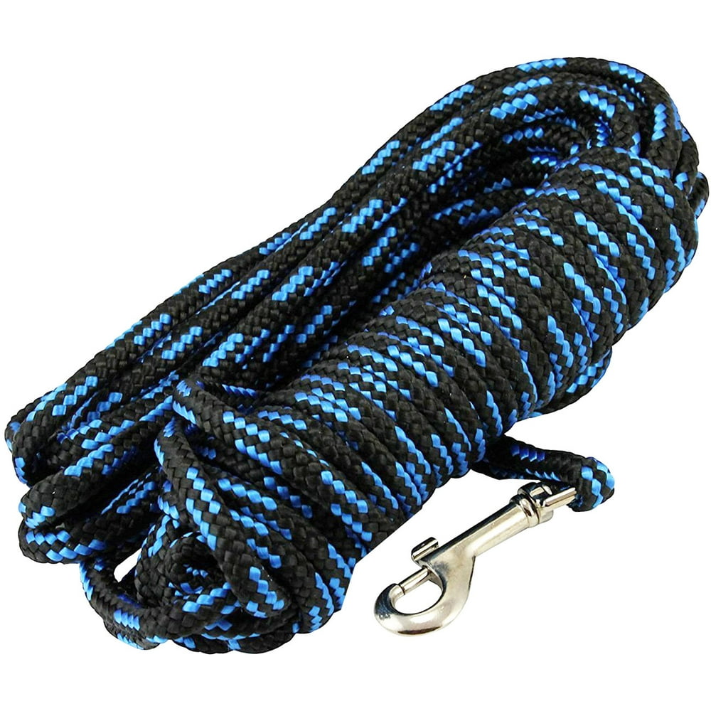 Extra Long Dog Leash Braided Nylon Tracking Rope, Black/Blue 15Feet 1/4" Diameter Training Lead