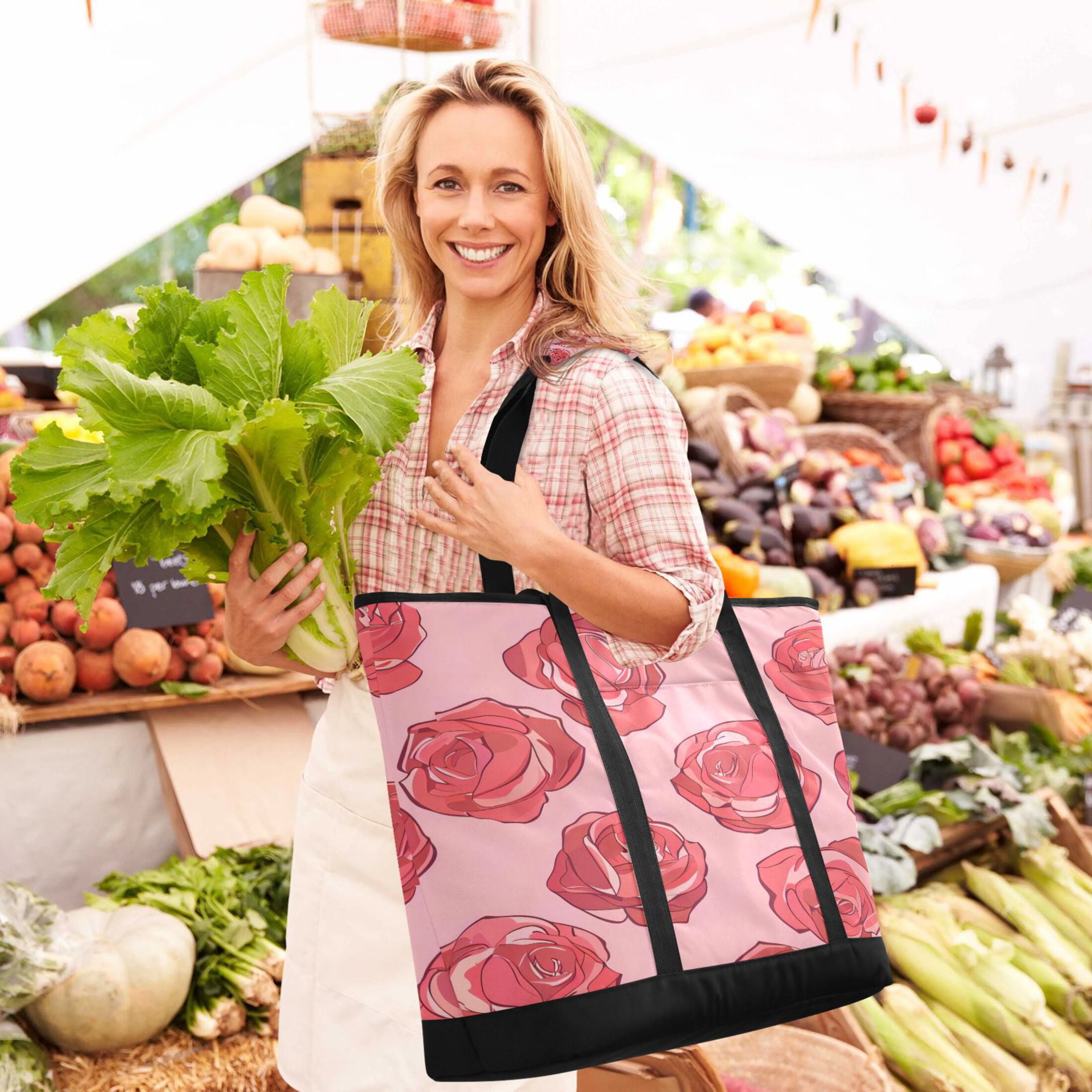 Large Hand-held Ice Pack Picnic Bag Insulation and Refrigeration Suitable for Shopping Picnics and Camping Red Rose