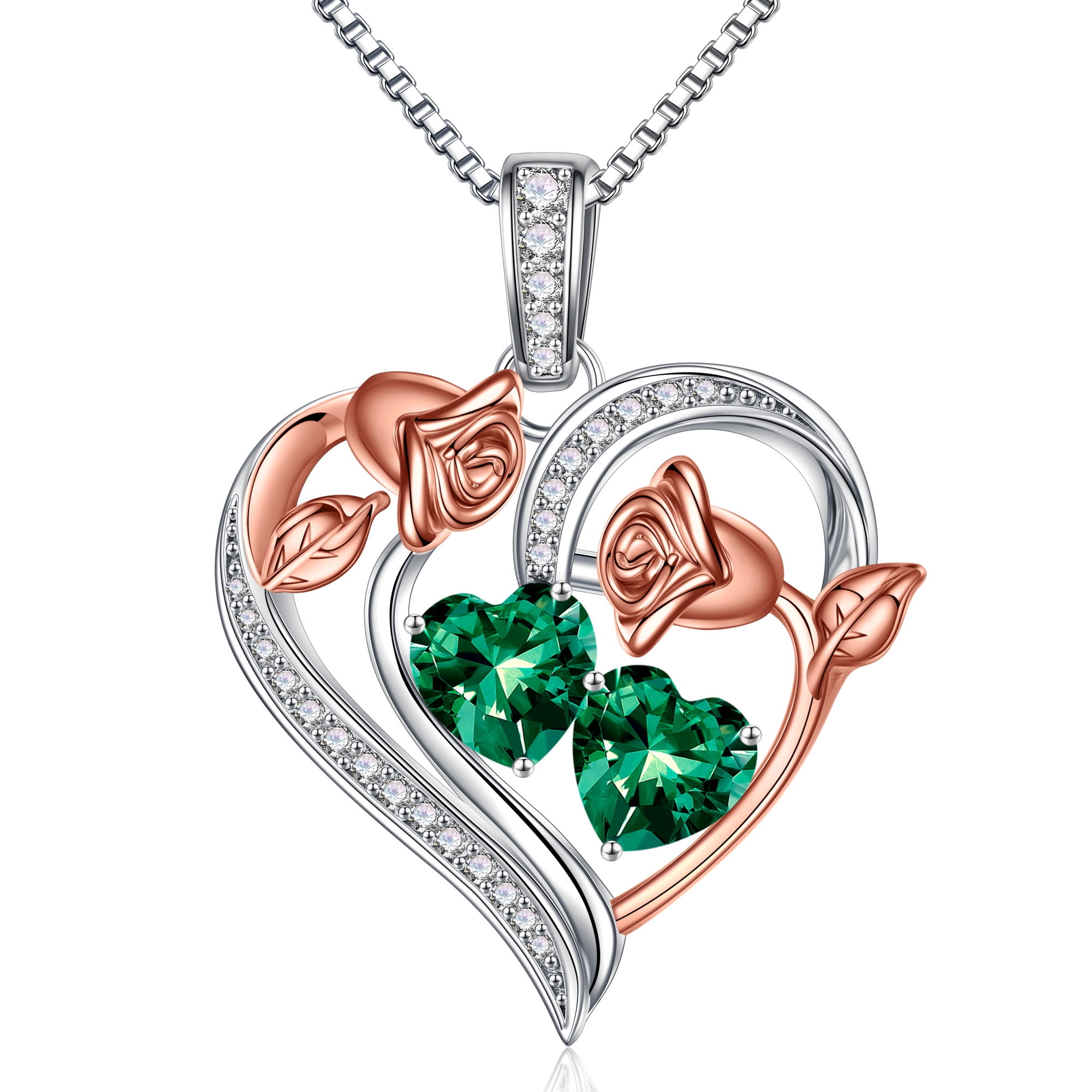 Turandoss Heart Birthstone Necklace for Women 925 Sterling Silver Double Rose Birthstone CZ Trendy Jewelry Mothers Day Birthday Graduation Gifts for Women Wife Her