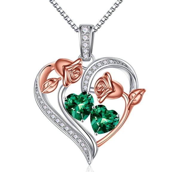 Turandoss Heart Birthstone Necklace for Women 925 Sterling Silver Double Rose Birthstone CZ Trendy Jewelry Mothers Day Birthday Graduation Gifts for Women Wife Her
