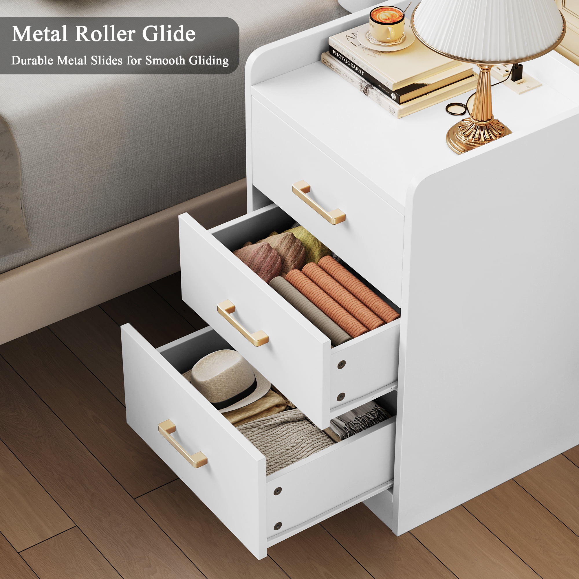 Homfa 2 Pcs White Nightstand for Bedroom, Storage Cabinet with Charging Station and 3 Drawers, Modern Sofa Table for Living Room