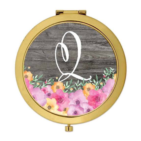 Koyal Wholesale Gold Compact Mirror Bridesmaid's Wedding Gift, Pink Floral Flowers on Rustic Gray Wood, Monogram Q, 1-Pk