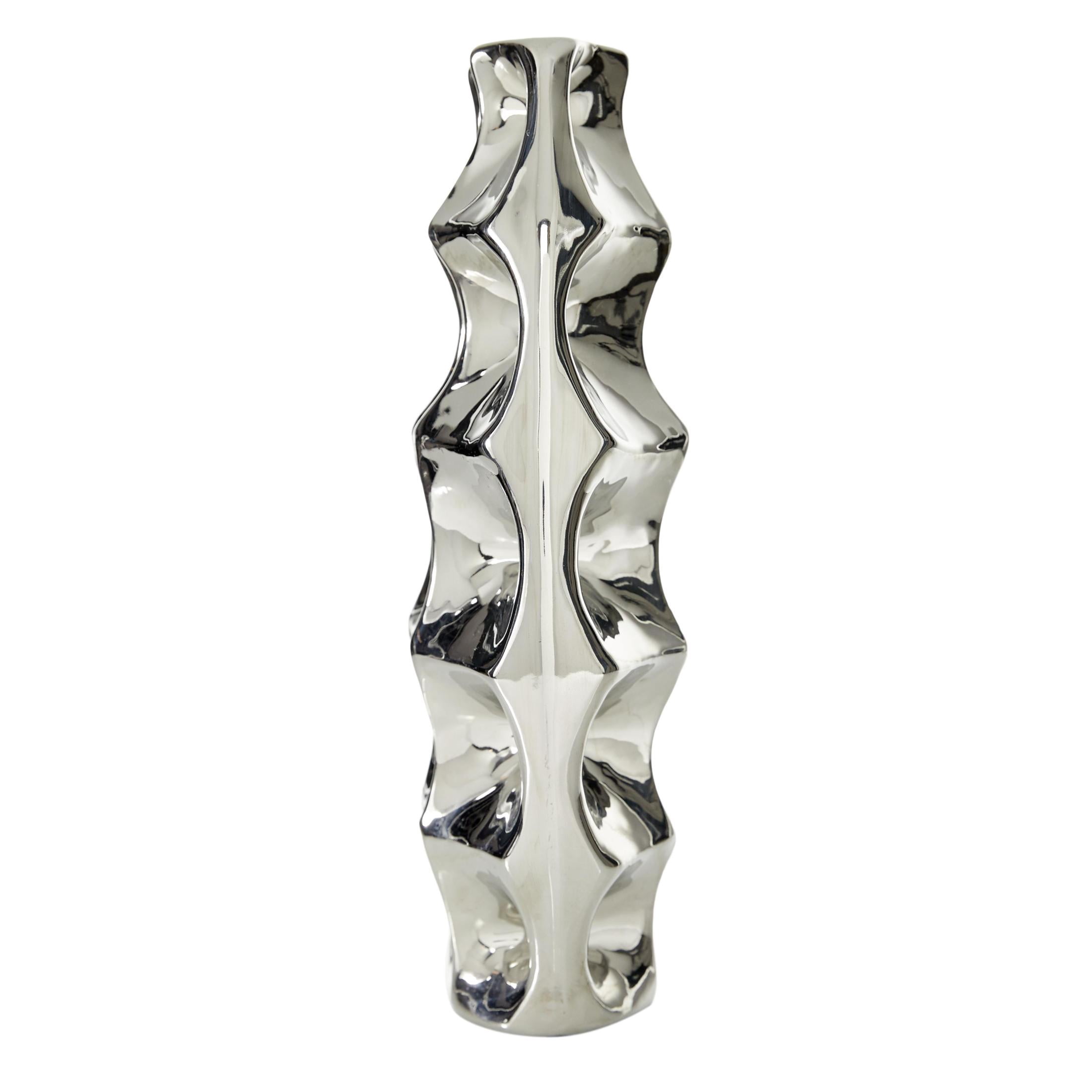 DecMode 14" Silver Ceramic Vase with Cut Out Designs