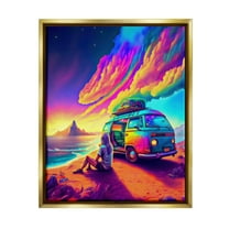 Stupell Industries Vacation Van on Beach Landscape Painting Gold Floater Framed Canvas Art Print Wall Art, 17 x 21