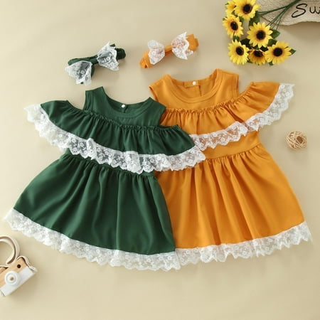 

hunpta toddler kids girls clothes summer lace solid one shouldered dress casual ruffle beach dresses headband outfits