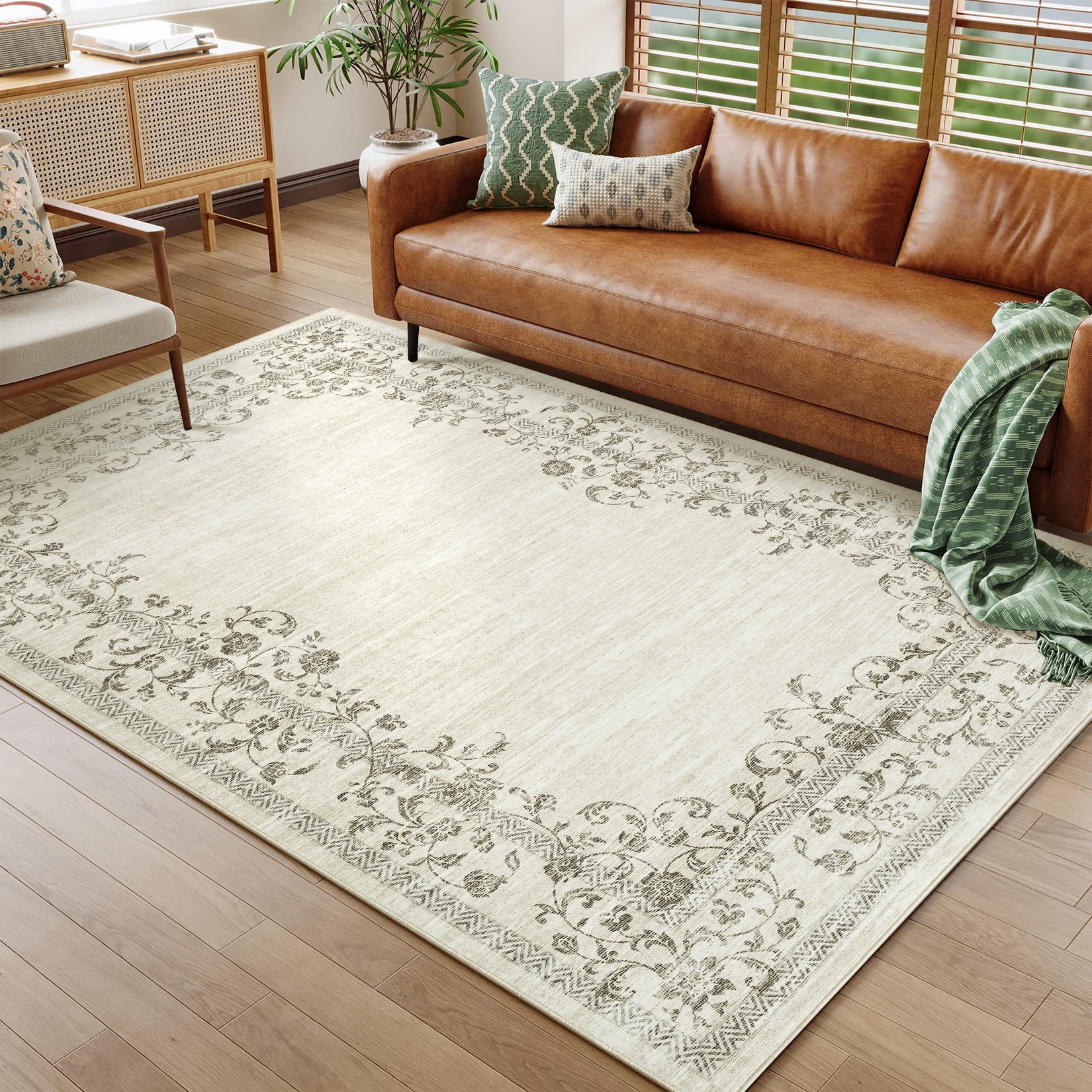 CAROMIO 9' x 12' Area Rug for Living Room Border Vintage Rug Non Slip Beige Indoor Rug