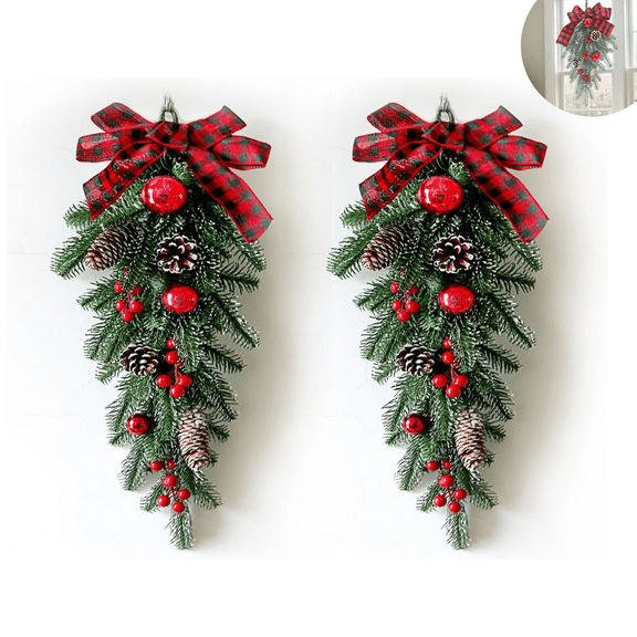 2 Pack Artificial Pine Swag with Red Bowknot,Christmas Teardrop Swag,Red Berries and Pinecone,Winter Holiday Decorative Pendant,for Home Office Indoor Outdoor Decor By Scheam