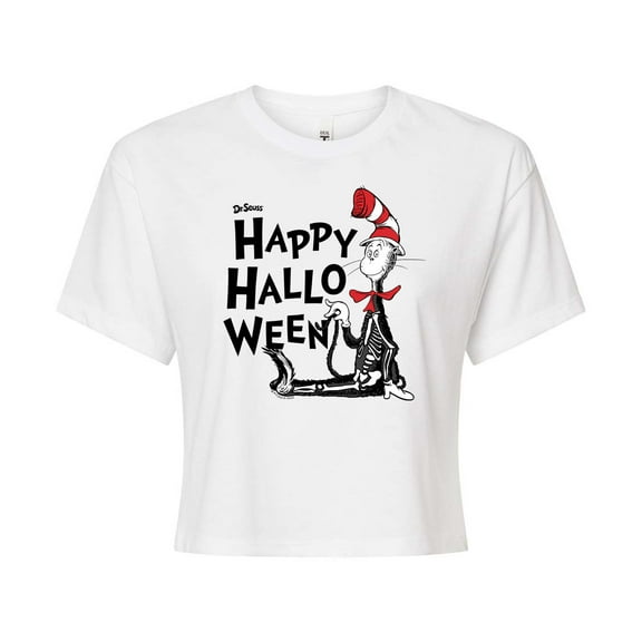 Dr. Seuss - Happy Halloween Skeleton Cat - Juniors Cropped Cotton Blend T-Shirt