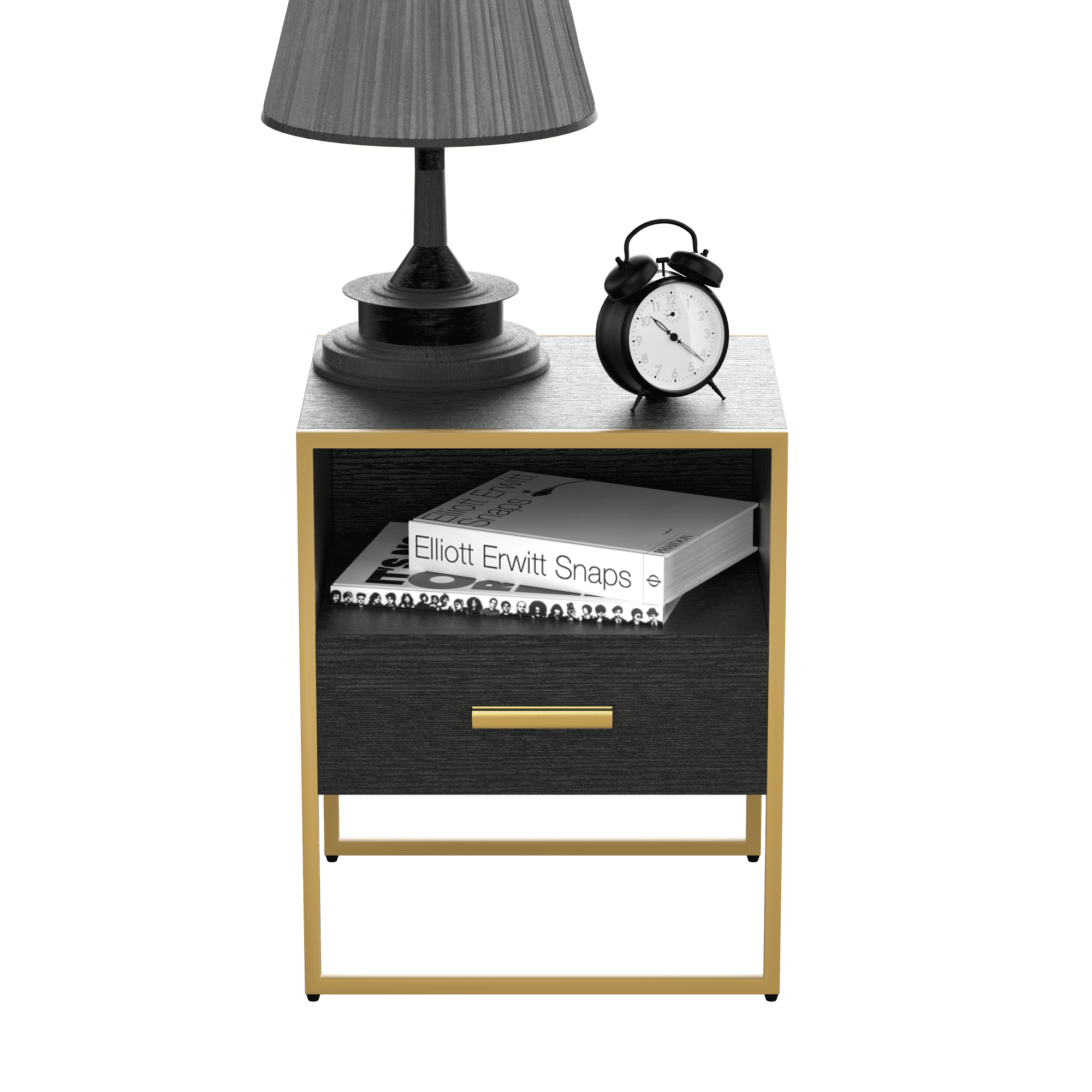 Resenkos Wood Night Stand with Drawers and Open storage, Accent Nightstand Matte Gold Steel Legs, Gold&Black