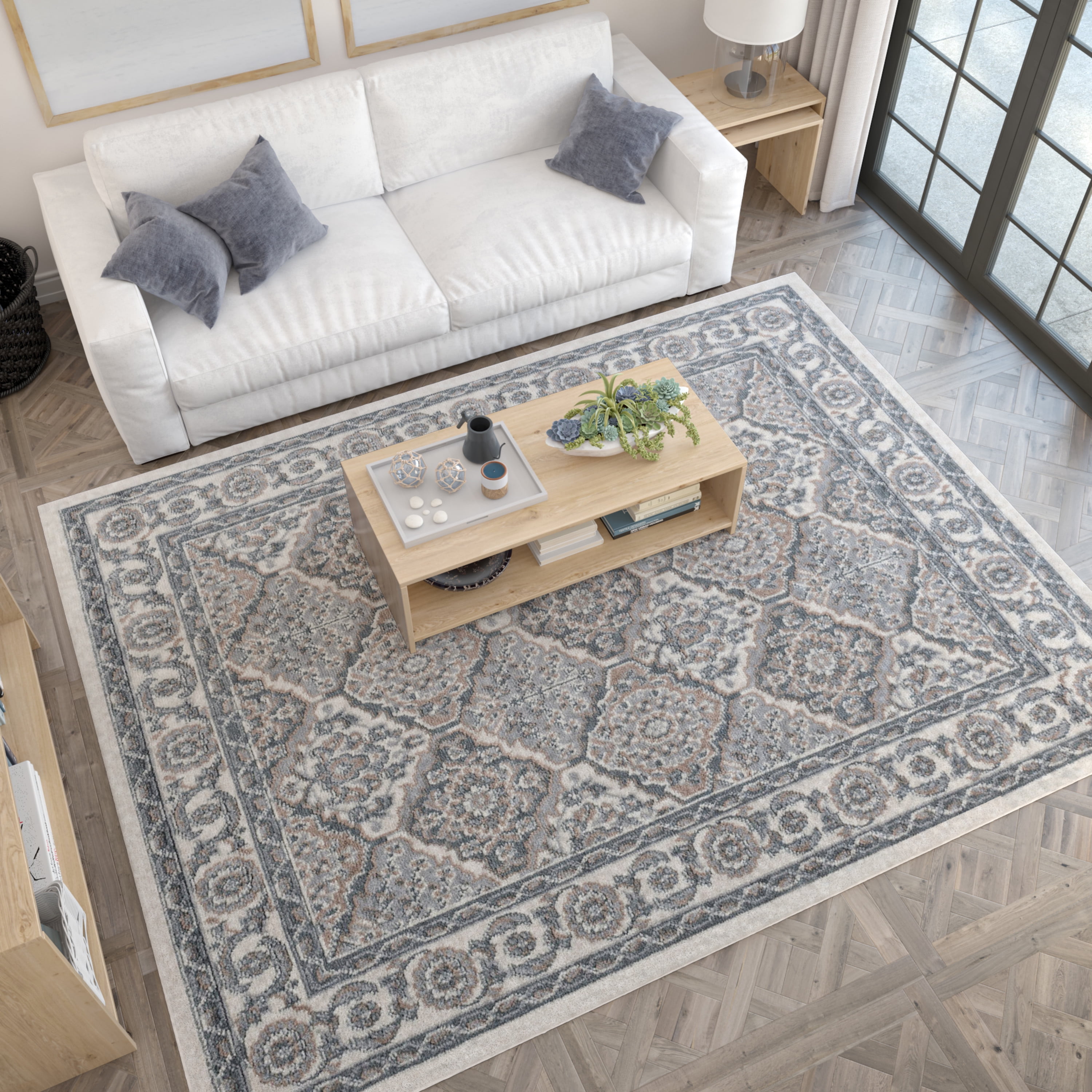 Hampton Traditional 5' x 7' Cream and Gray Polypropylene Indoor Area Rug