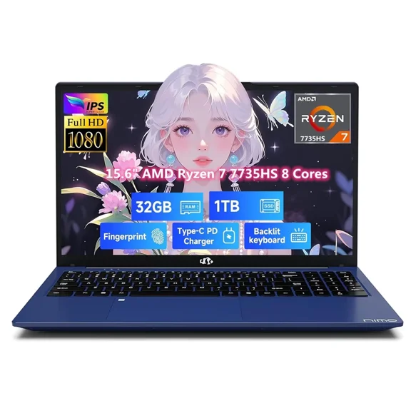 15.6" IPS FHD Gaming Laptop, AMD 8 Cores Ryzen 7 7735HS 32GB DDR5 RAM 1TB SSD (Beats i7-12650H Up to 4.75GHz) AMD Radeon 680M GPU-Computer with 100W Type-C Backlit Keyboard Fingerprint, Blue