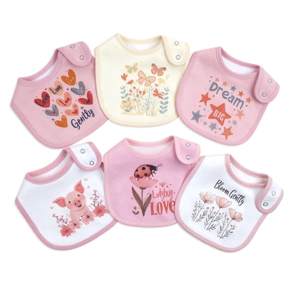 6 Pack Cute Floral Unisex Baby Feeding Drool Bibs, Double Layer 100% Cotton Waterproof Liner, Adjustable Snap Reusable Bibs for Newborn Toddler Boys & Girls