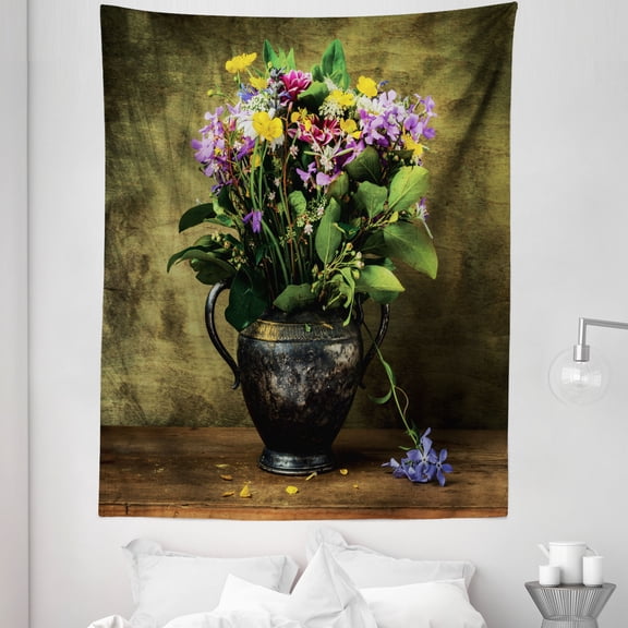 Flowers Tapestry, Spring Blossoms Wild Field Bouquet in Retro Vase Rustic Background, Fabric Wall Hanging Decor for Bedroom Living Room Dorm, 5 Sizes, Green Brown and Multicolor, by Ambesonne