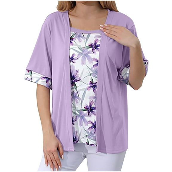 Women's Plus Size Tops 2 in 1 Casual Flowy Square Neck Floral Printed Trendy Tops Summer Loose Short Sleeve Blouses (XL, Purple)