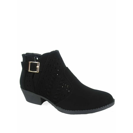 - Women's Round Toe Zipper Buckle Perforated Faux Leather Low Heel Ankle Booties