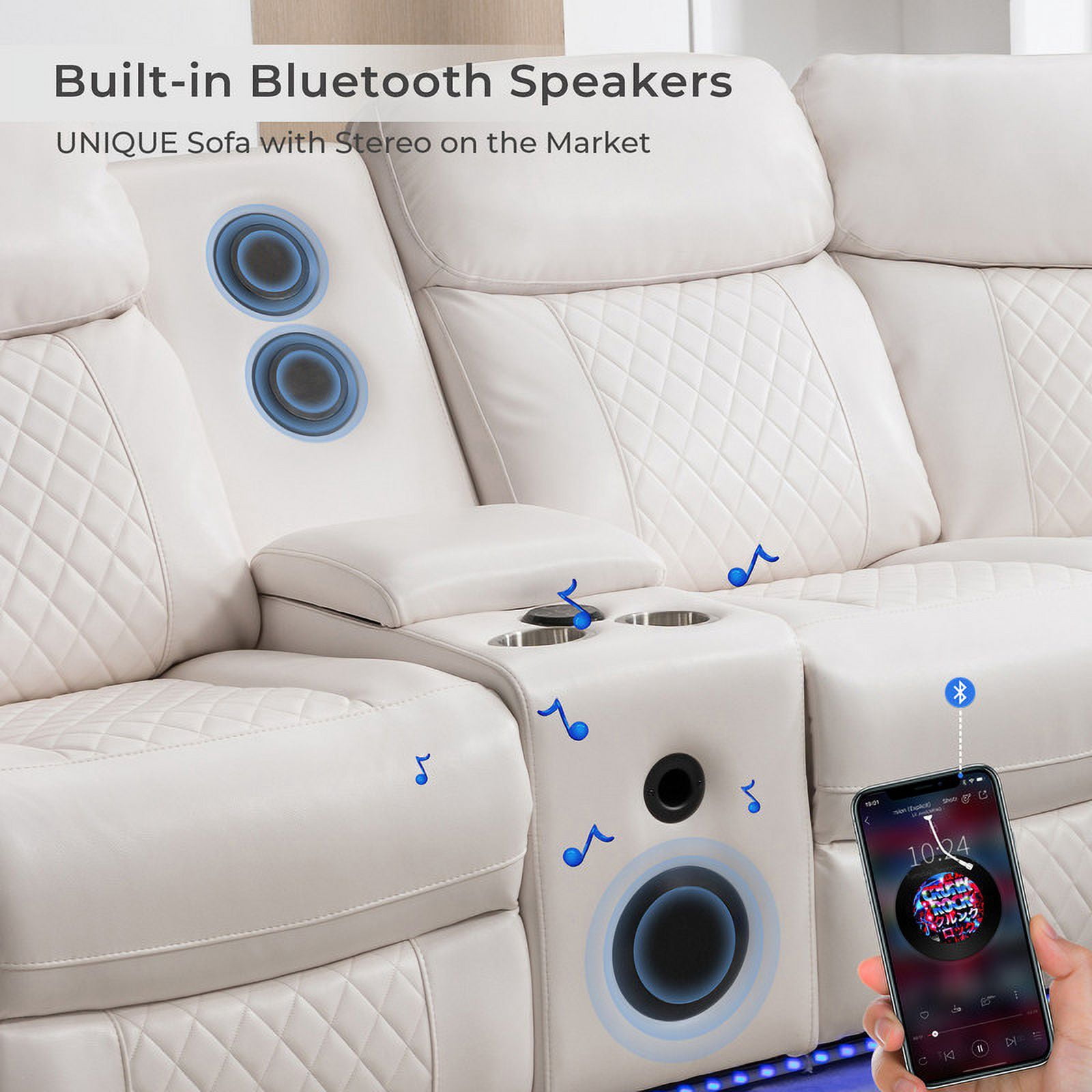 Comfort Stretch 5 Seats Power Recliner Sofa Sets with Speaker,White Faux Leather Reclining Sectional Couch for Living Room Furniture Sets with USB Port,Storage Console Cup Holders,LED Lights
