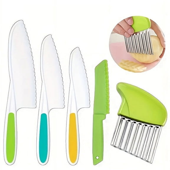 4/5pcs Kids Knife Set, Kids Safe Cooking Knives, Plastic Kids KitchenKnife With Crinkle Cutter, Serrated Edges Plastic Toddler Knife KidsKnives For Real Cooking & Cutting Fruit, Bread, Lettuce