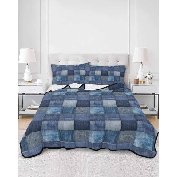 Twin Quilt Bedding Set Farmhouse Boho Blue Plaid Summer Quilt Lightweight Quilted Coverlet with 2 Pillow Shams, Vintage Patchwork Style 3-Piece Bedspread Quilt Set for All Season