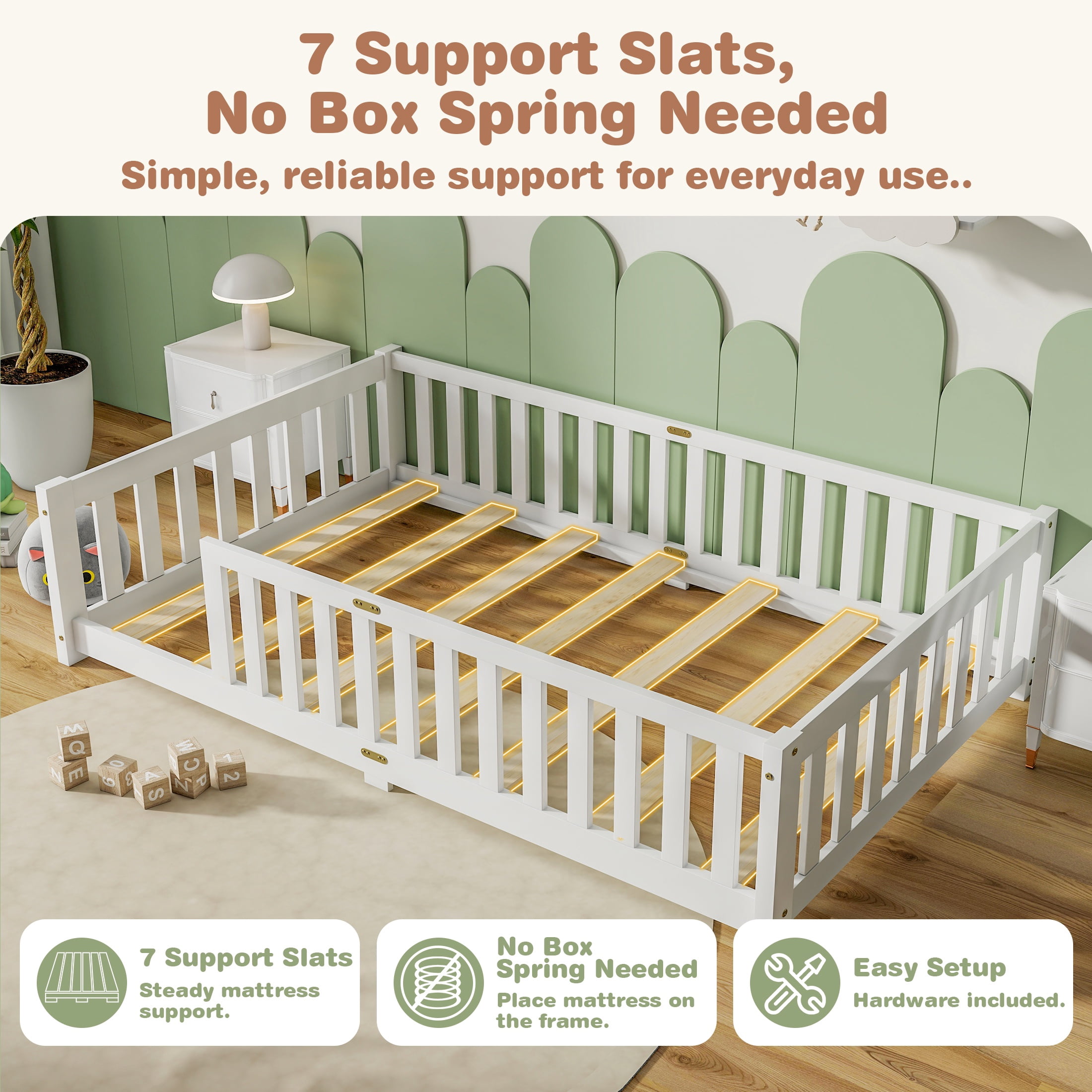 Sesslife Twin Montessori Floor Bed, Wood Twin Size Floor Bed Frame with Safety Guardrails and Slats, Low Profile Toddler Bed for Kids Boys and Girls, No Box Spring Needed, White
