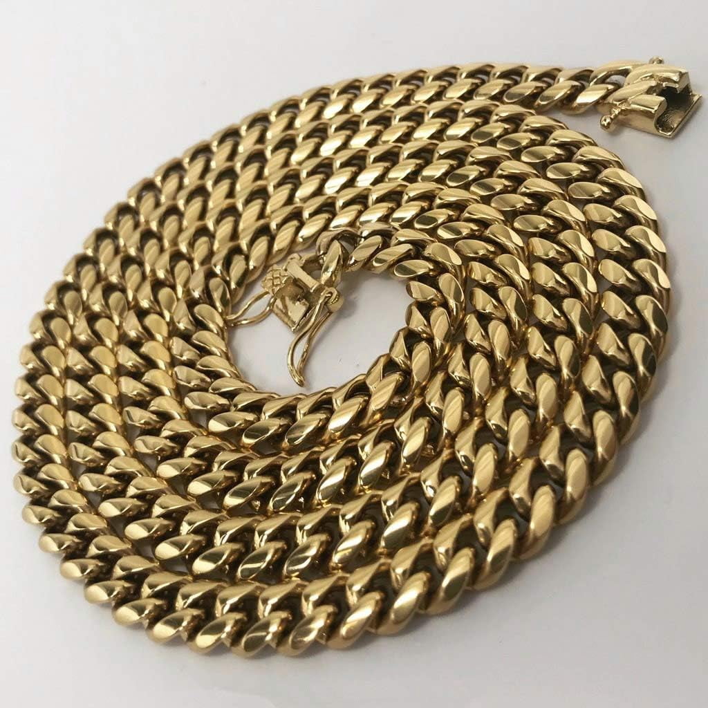 Mens Heavy Miami Cuban Link Chain Choker 14k Gold Plated Hip Hop Thick Stainless Steel 8mm/10mm/12mm/14mm/16mm Necklace/Bracelet