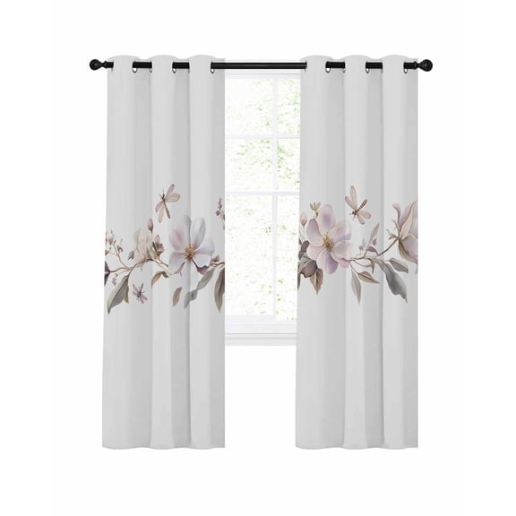 Spring Floral Blackout Curtains for Bedroom Living Room, Retro White Pink Flower Watercolor Plant Farmhouse 63 In Long Thermal Insulated Room Darkening Drapes Grommet Window Treatments, 52 x 63 In