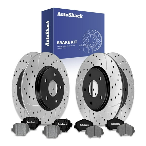 AutoShack Front & Rear Drilled & Slotted Brake Rotors Ceramic Brake Pads | Replacement for 2013 Dodge Journey 2013-2014 VW Routan 2.4L 3.6L V6 AWD FWD | E-Coated | 12-PC Brake Kit | ShadowGuard