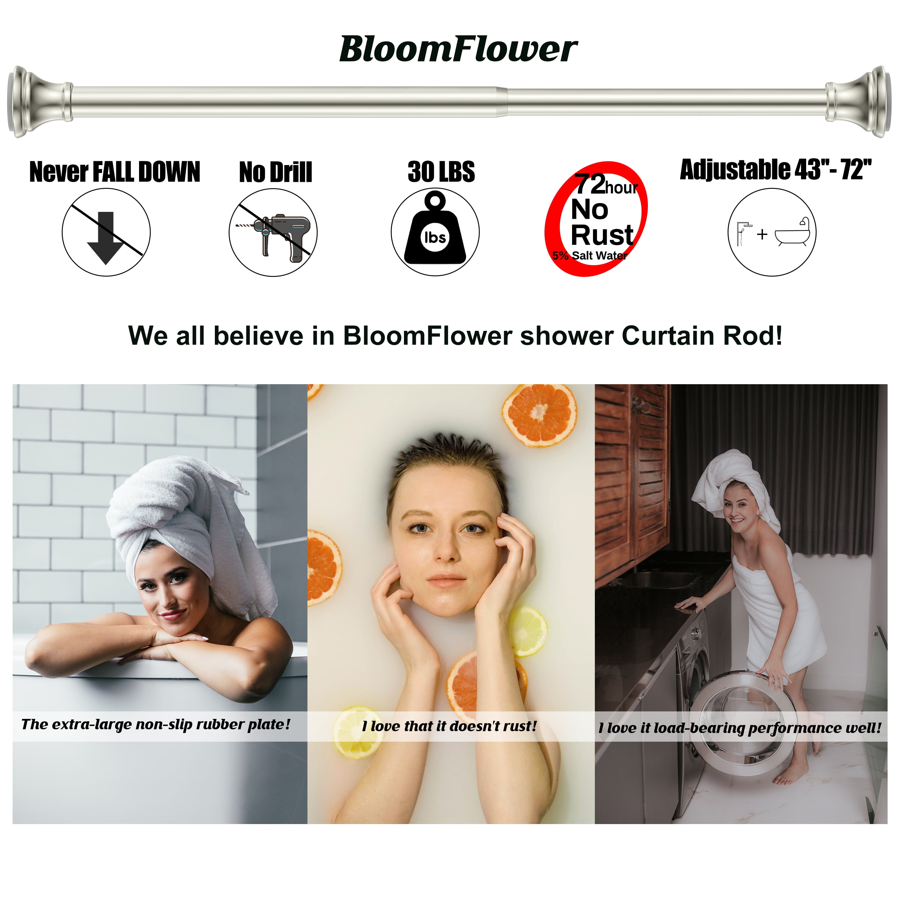 BloomFlower Nickel Shower Curtain Rod, 43-72 inches, Brushed Nickel ,Never Rust , Metal Rod,Spring Tension