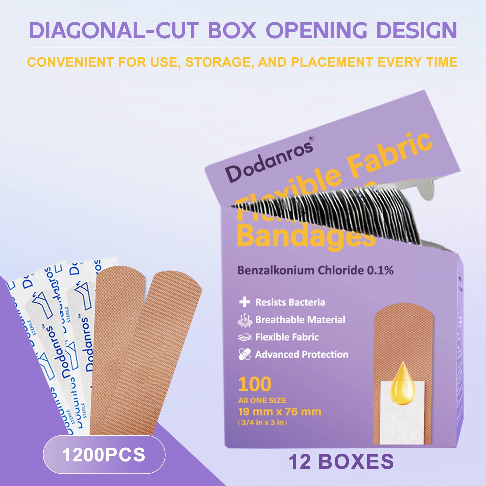 Dodanros Bulk Case of 1200 PCS Flexible Fabric Bandages, 3/4" x 3",Individual 12 Box Packaging,Include 0.1%Benzalkonium,Sterile, Breathable | Use for School, Hospital, Businesses, and First Aid Kits.