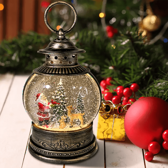 Vintage Christmas Snow Globe Lantern with Santa and Reindeer USB Battery Powered Shatterproof Resin