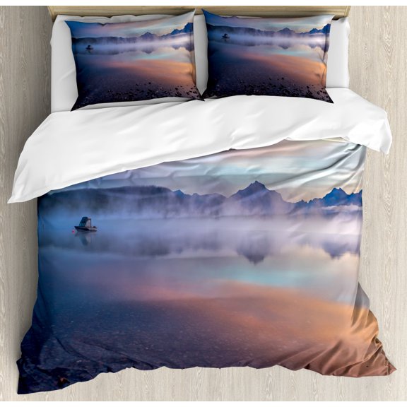 Glacier National Park Duvet Cover Set King Size, Illustration of Deserted Setting with Fog Sunrise Tranquil Land, Decorative 3 Piece Bedding Set with 2 Pillow Shams, Multicolor, by Ambesonne