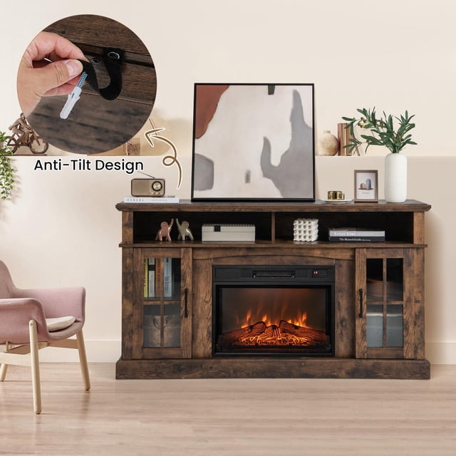 Giantex 58 inch TV Stand w/Electric Fireplace, TV Entertainment Center w/Fireplace Insert, Brown