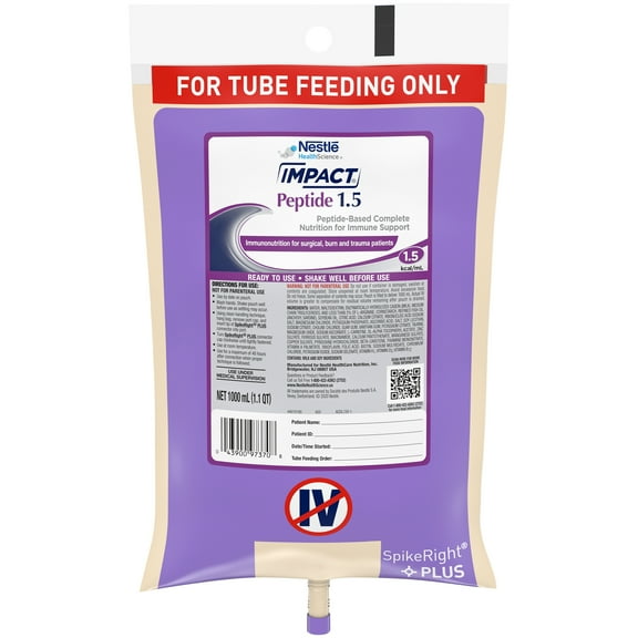 Nestle Impact Peptide 1.5 Tube Feeding Formula Unflavored 1000 mL Ready to Hang Prefilled Container 6 Ct