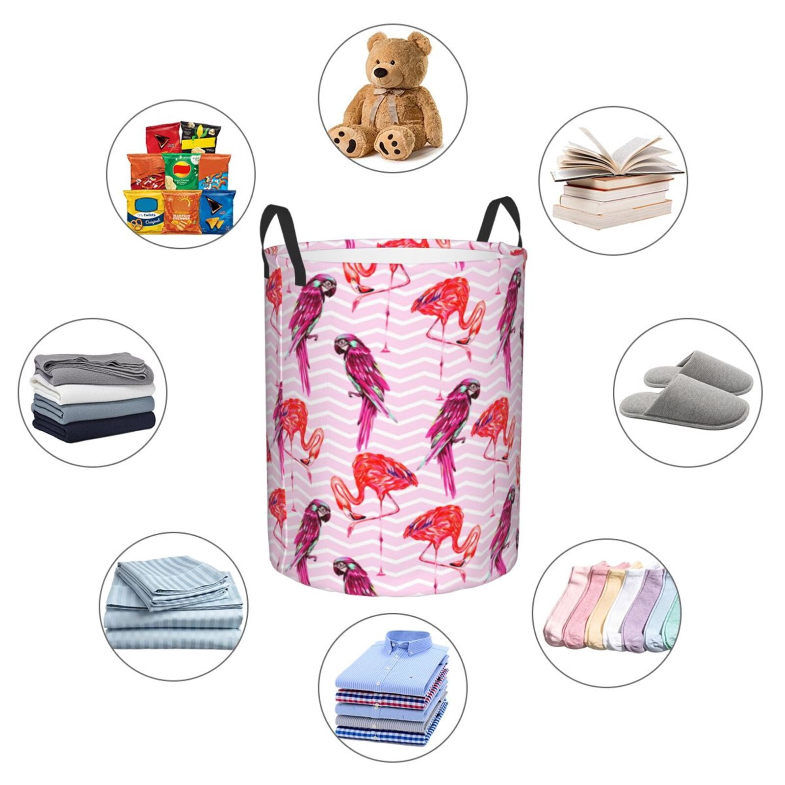 Large Laundry Basket with Handles - Striped Parakeet Flamingo Pink Kids Baby Dirty Clothes Laundry Hamper for Bedroom Aesthetic