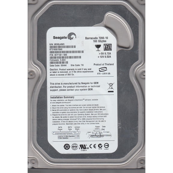 ST3160815AS, 9RX, TK, PN 9CY132-505, FW 3.AAC, Seagate 160GB SATA 3.5 Hard Drive