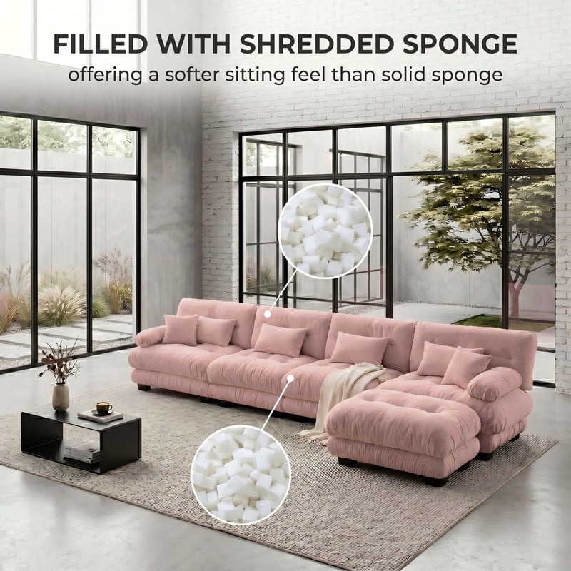 ANPPORT Cloud Couch Sleeper Sofa, Chenille Pink 4-Seater Modular Sofa with 1 Ottomans, 4 Lumbar pillows, 2 Pillows, Comfy Deep Seat Cloud Sofa, Convertible L-Shaped Floor Couch for Living Room