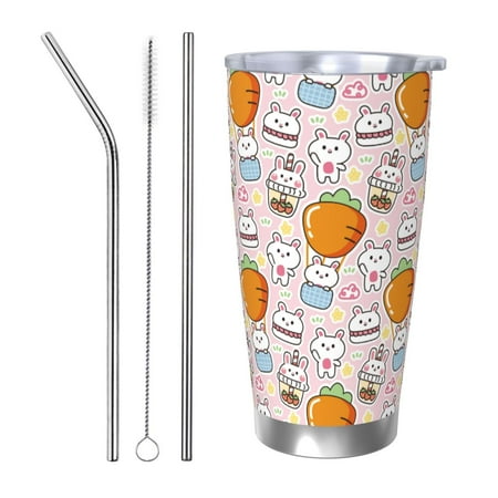 

Gaeub Cartoon Cute Rabbit Print 20-Ounce Stainless Steel Car Cup Tumblers Cups with Lids and Straw Coffee Cups for Adults Kids Home Car Office School Travel Party-Straw Three-piece Set