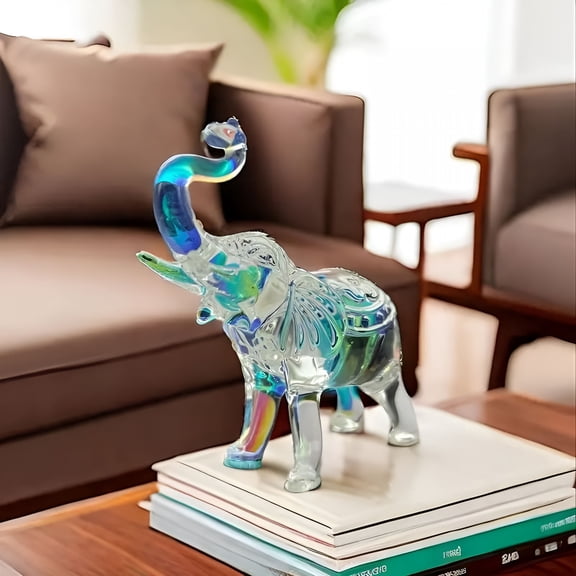 XIBUFE Cute Crystal Glass Elephant Figurine - Handmade Collectible Gift for Women,Elephant Lovers,Home Decoration,Table Centerpiece - Glass Art Thai Elephant with Trunk Up-Colorful