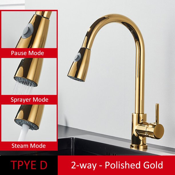 Grifo de cocina de oro cepillado Quyanre, grifo de agua extraíble para fregadero de cocina, grifo mezclador de un solo mango, grifo de ducha de cocina de rotación 360 Tan Jianjun unisex