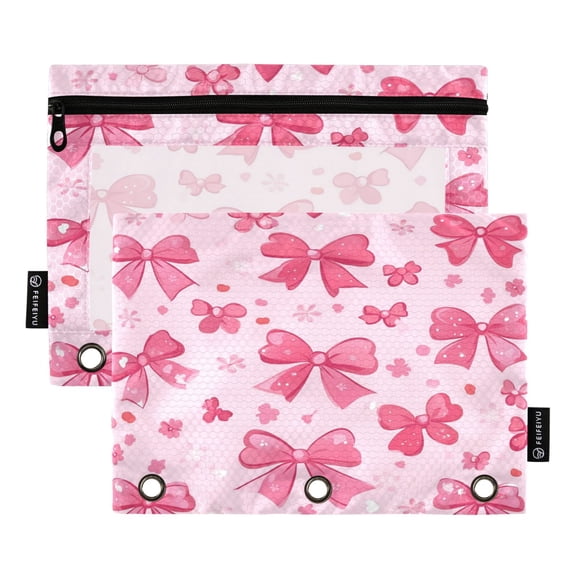 2 Pack Flip Folders with Clear PVC Window Binder Pouches 3-Ring Binder Organizer for Office & Home Pink Cute Bows