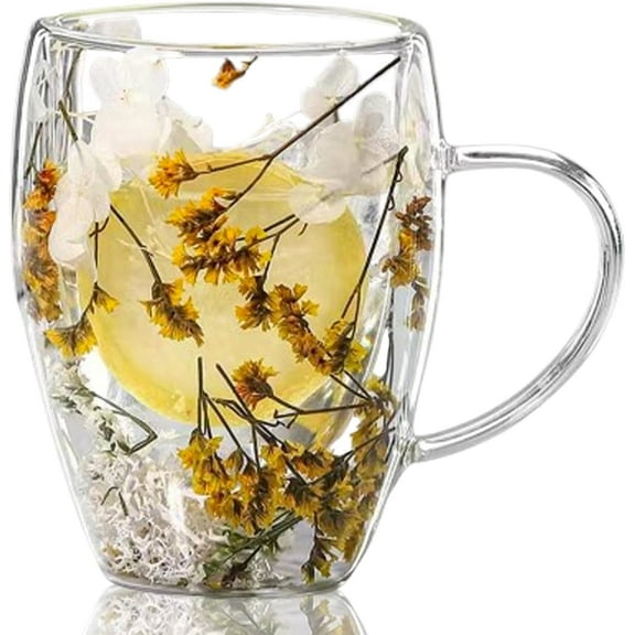 Double Walled Glass Coffee Mugs 12oz 2pcsEspresso Cups,Clear Coffee Mug Cappuccino Cup With Handle Unique Flower Filler Glass Coffee Cups For Tea Milk Latte Hot Cold Beverage Wine Espresso
