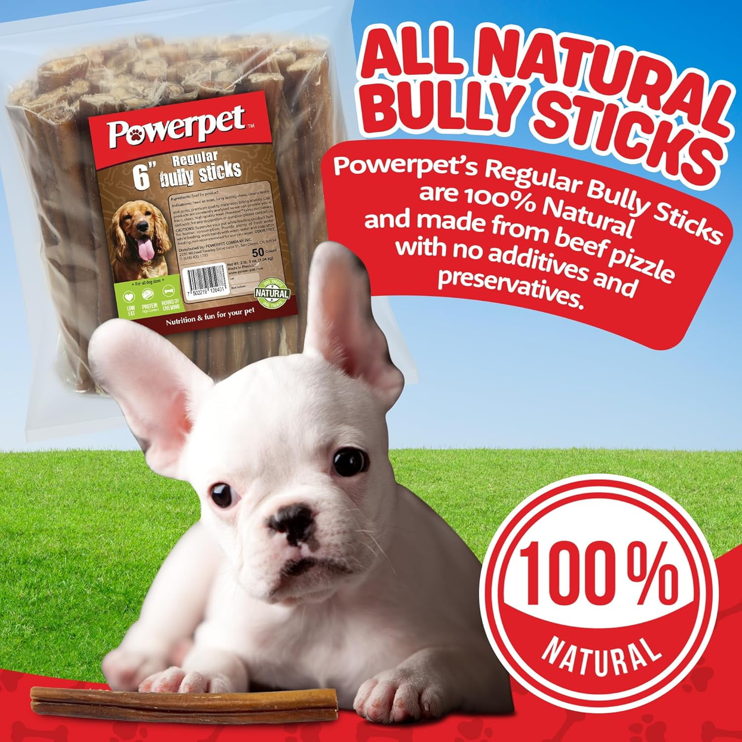 Powerpet 100% Natural Bully Stick - High Protein, Low Fat, Healthy Dog Treats, Long-Lasting Dog Chews, Easily Digestible, Cleans Teeth, Low Odor, for All Breeds & Sizes, 6" - 50 Count