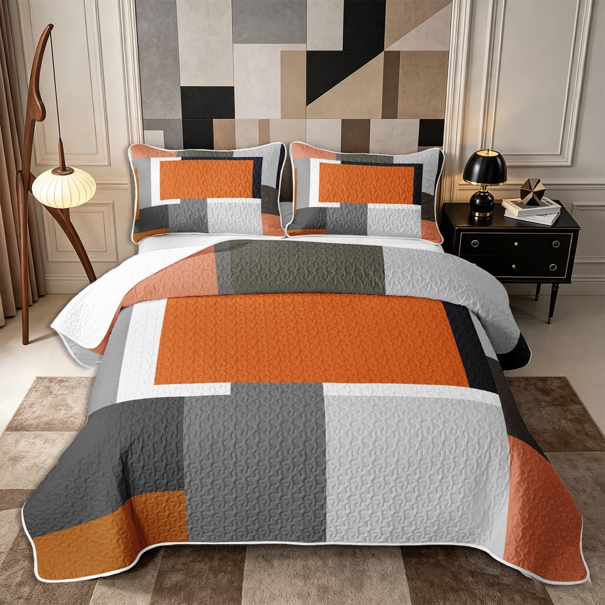 Castle Fairy Mid Century Geometric Panel Bed Spread Queen 3pcs Minimalism Color Block Queen Coverlet Set Terracotta Gray Black 1 Quilt and 2 Pillowcases