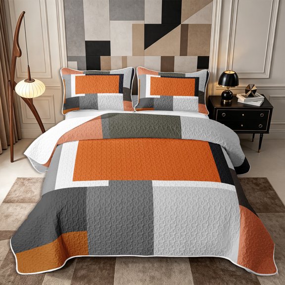 Castle Fairy Mid Century Geometric Panel Twin Quilt Set 2 Pieces,Minimalism Color Block Twin Coverlet Set,Terracotta Gray Black,1 Bedspread and 1 Pillowcase